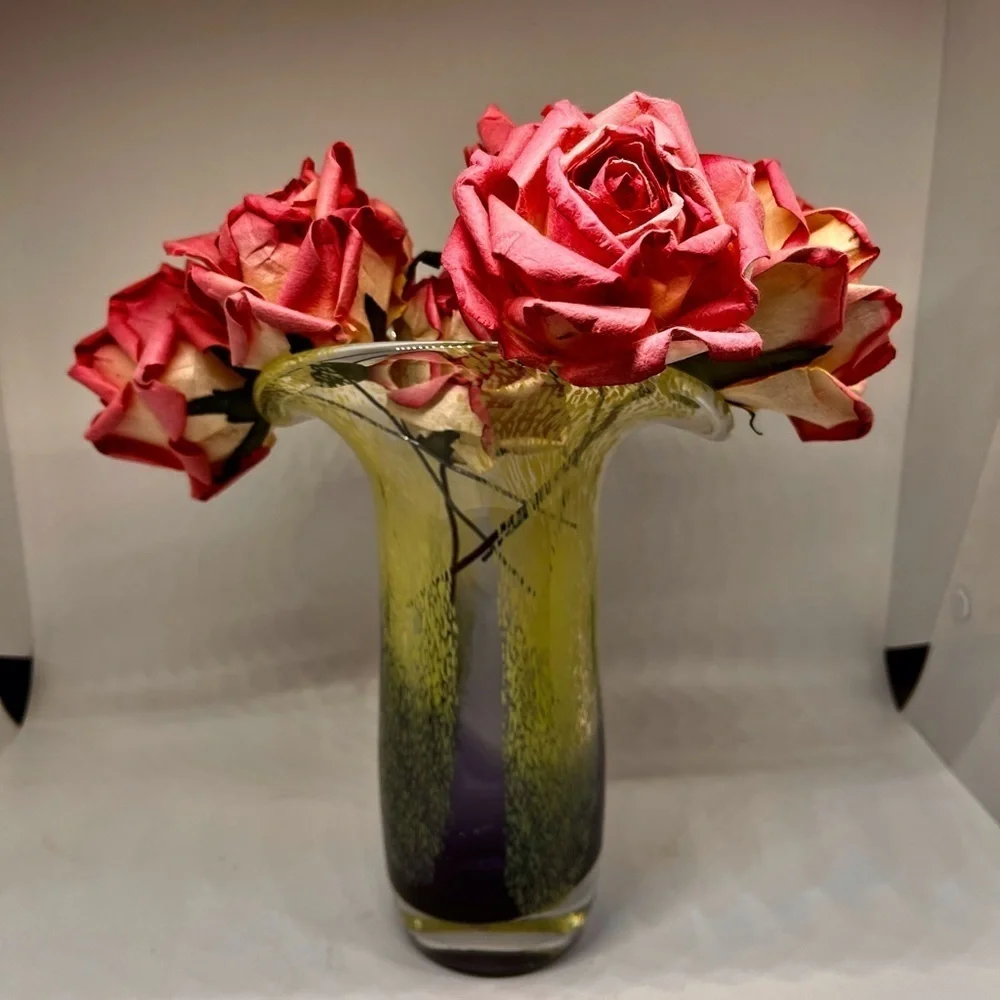 Teleflora Speckled Art Glass Vase Purple Green Flared Lip Hand Blown 8 Inch